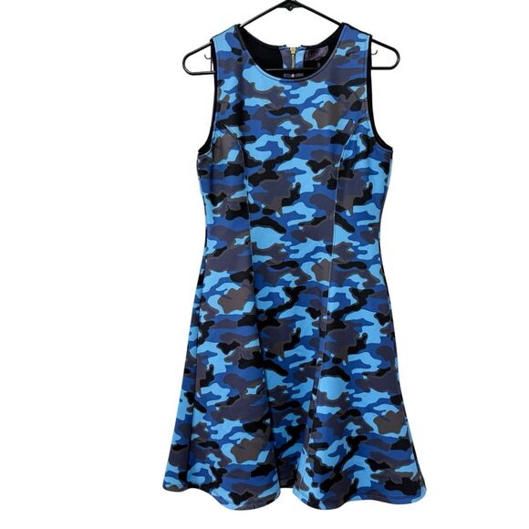 Hale Bob Camouflage Scuba Dress M Sleeveless Fit & Flare Blue Black Gray - Picture 1 of 13